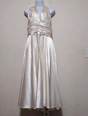 Aspeed Vintage Cream Ruched Pleated Halter Satin Midi Dress Sz-L